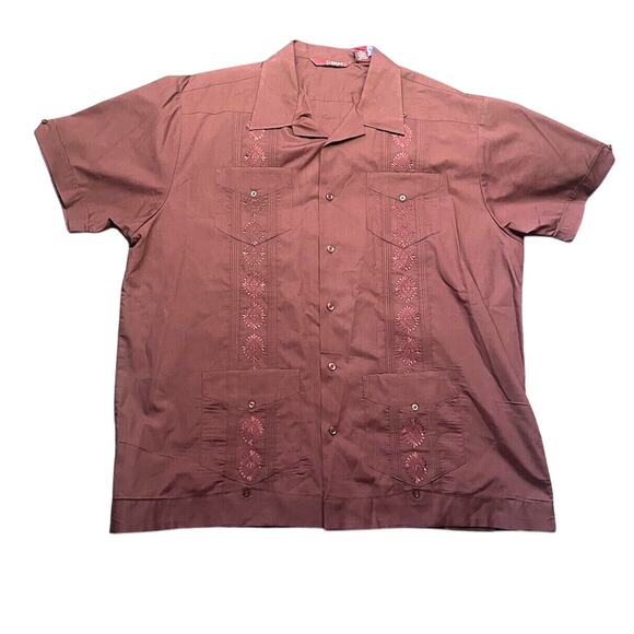 Sobrino Red Shirt XL Button Up Short Sleeve Dress Poly Cotton Four Pocket Cuban - Picture 1 of 13